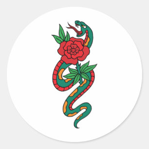 Slang gewikkeld rond een rode roos Tattoo Kunst Ronde Sticker