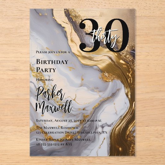 Slank Gold | White Marble Modern 30 verjaardagsfee Acryl Uitnodigingen (Voorkant)