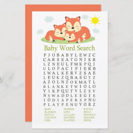 Slank vos Baby shower Word Search Game (Voorkant / Achterkant)