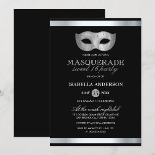 Slank Zilver & Zwart Masquerade Sweet 16 Party Kaart