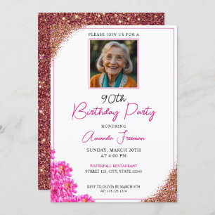 Slanke bloemenglitter 90e verjaardag kaart