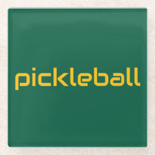 Slanke gele PICKLEBALL tekst op Hunter Green Glazen Onderzetter
