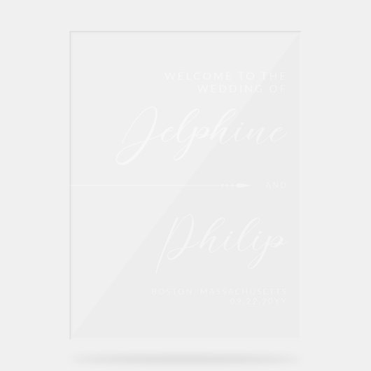 Slanke pijl & wit script bruiloft welkom acryl bord (Voorkant)
