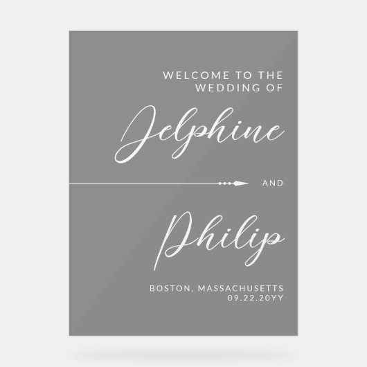 Slanke pijl zwart wit script bruiloft welkom acryl bord (Voorkant)