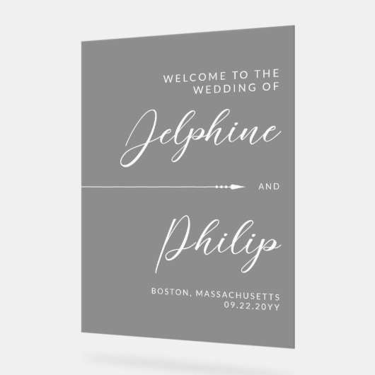 Slanke pijl zwart wit script bruiloft welkom acryl bord (Hoek)