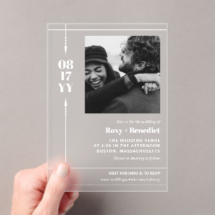 Slanke Pijlen Vetgedrukte Datum Foto Informele bru Acryl Uitnodigingen