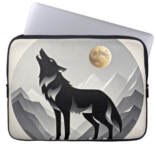 Slanke wolf silhouet zwart grijs minimalist laptop sleeve