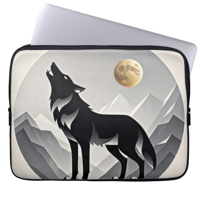 Slanke wolf silhouet zwart grijs minimalist laptop sleeve (Voorkant)
