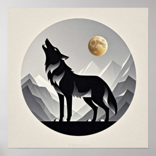 Slanke wolf silhouet zwart grijs minimalist poster