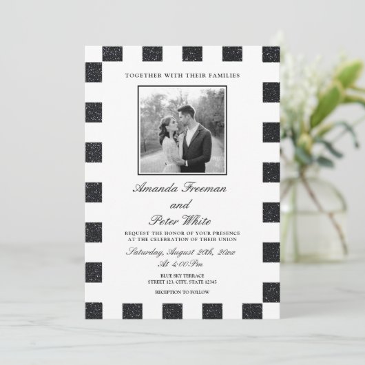 Slanke zwart-wit Glitter Checkerboard bruiloft Kaart (Staand voorkant)