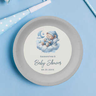 Slapen beer op wolk grijs & blauw jongen baby show papieren bordje