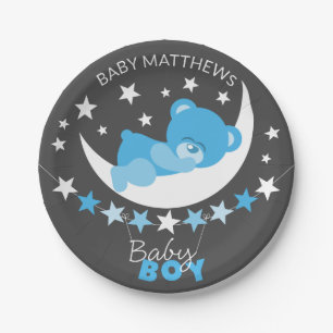 Slapen Blue Boy Teddy Bear op Moon Baby shower Papieren Bordje