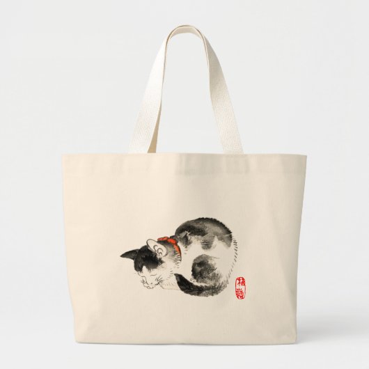 Slapen Japans Kat Zwart en Wit Grote Tote Bag (Voorkant)