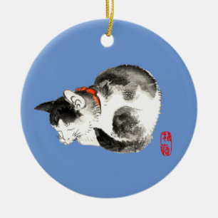 Slapen Japans Kat Zwart en Wit Keramisch Ornament
