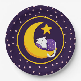 Slapen Kat op Crescent Moon Star Ramadan Papieren Bordje