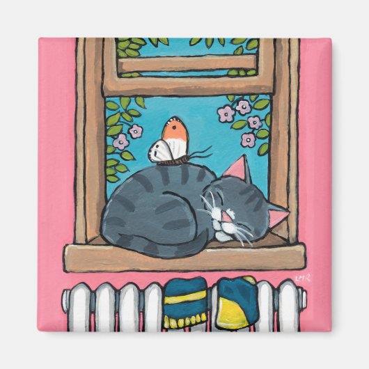 Slapen Tabby Kat met Vlinder op Venster Sill Magneet (Voorkant)