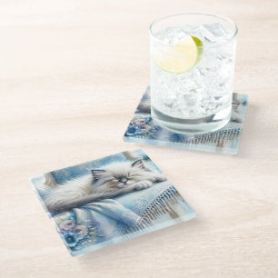 Slapend Kitten Blauw Cottagecore Droom Glazen Onderzetter