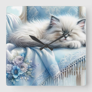 Slapend Kitten Blauw Cottagecore Droom Vierkante Klok