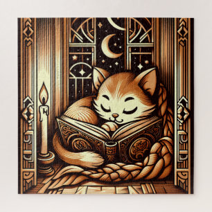 Slapende Art Deco Stijl Kat Met Een Boek Legpuzzel