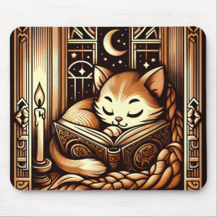 Slapende Art Deco Stijl Kat Met Een Boek Muismat