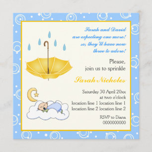 Slapende baby jongen strooi blauwe gele uitnodigin kaart