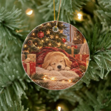 Slapende hond onder kerstboomornament