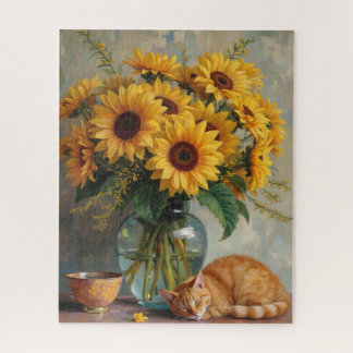 Slapende Kat en Zonnebloemen Legpuzzel