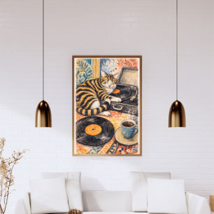 Slapende Kat met Platenspeler – Vintage Poster