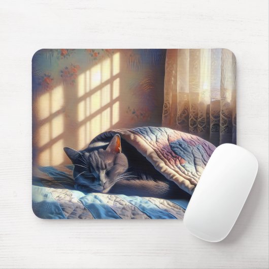 Slapende kat onder een quilt muismat (Met muis)