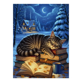 Slapende Kat op Boeken Winter Nacht Perfect Poster