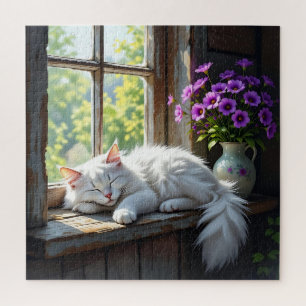 Slapende kat op de vensterbank Paarse Bloemen Legpuzzel