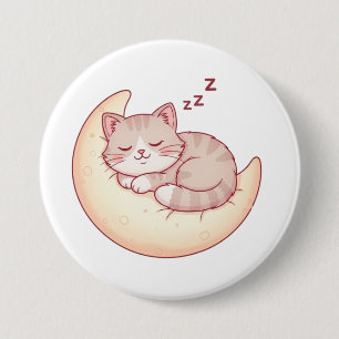 Slapende Kat op een Maan Kussen – Knus Katje Slape Ronde Button 7,6 Cm