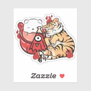 Slapende Kawaii Tijger en Kasa-obake Geest Sticker