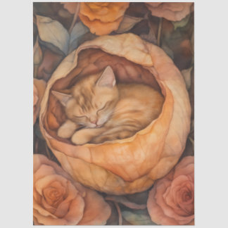 Slapende Kitten in Roos Waterverf Bloem Tissuepapier