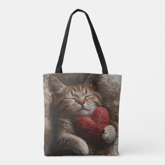 SLAPENDE ORANJE TABBY KAT MET HARTVORMIG KUSSEN DRAAGTAS (Achterkant)