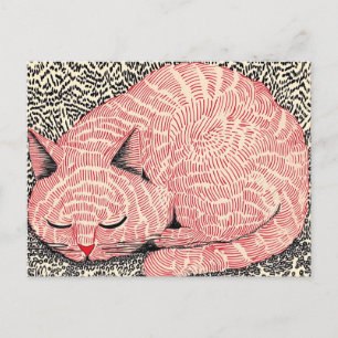 Slapende Roze Kat Illustratie - Surrealistische In Briefkaart