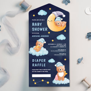 Slapende teddybeer op maan marineblauwe babyshower all in one uitnodiging