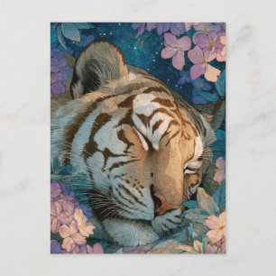 Slapende Tijger in Paarse Bloementuin Briefkaart