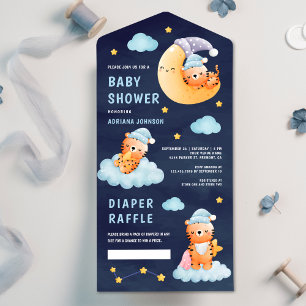 Slapende Tijger op Maan Marine Blauwe Baby Shower All In One Uitnodiging