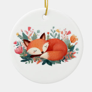 Slapende Vos Bloem Illustratie Keramisch Ornament