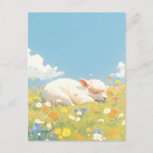 Slapende Witte Baby Alpaca in Weide met Wilde Bloe Briefkaart