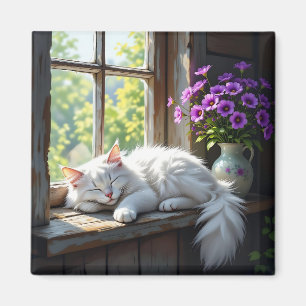 Slapende witte kat en paarse bloemen  magneet
