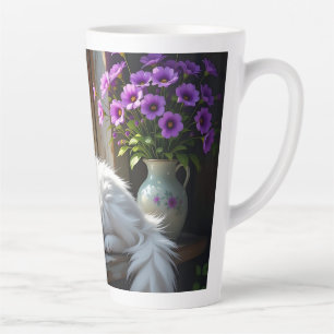 Slapende Witte Kat en Paarse Bloemen Persoonlijk Latte Mok