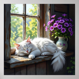 Slapende witte kat en paarse bloemen poster
