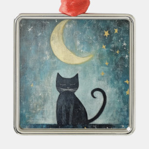 Slapende zwarte kat met halve maan en sterren metalen ornament