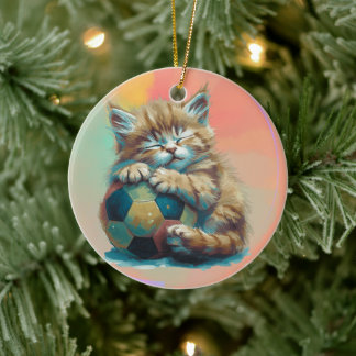 Slaperig Kitten met Voetbal – Schattige Sportliefh Keramisch Ornament