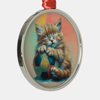 Slaperig Kitten met Voetbal – Schattige Sportliefh Metalen Ornament