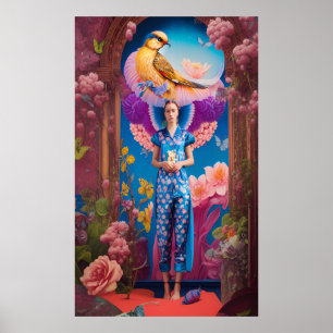 Slaperige dame in blauwe pyjama poster