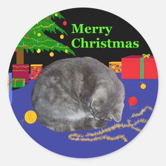 Slaperige kat Kerst-sticker Ronde Sticker (Voorkant)