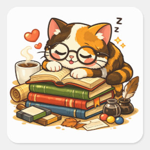 Slaperige Kat op Boeken Gezellig Boek Liefhebber Vierkante Sticker
